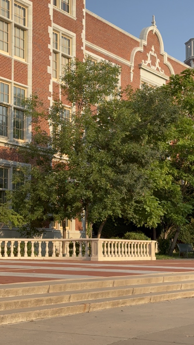The stone balustrade and shade trees along the front walk of East High School